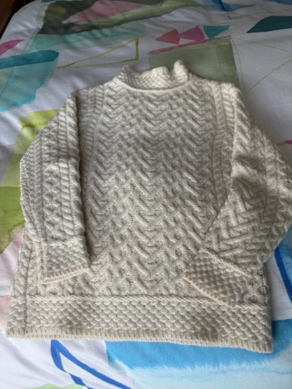ARAN MOR Women's sz S Irish cable knit sweater polo neck natural white